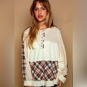 POL Beige and Brown Plaid Patchwork Long Sleeve Top